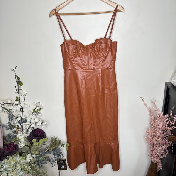 HUTCH Zaya Faux Leather Corset Midi Dress Cognac Brown Sz 4 {3E3} - Picture 3 of 6